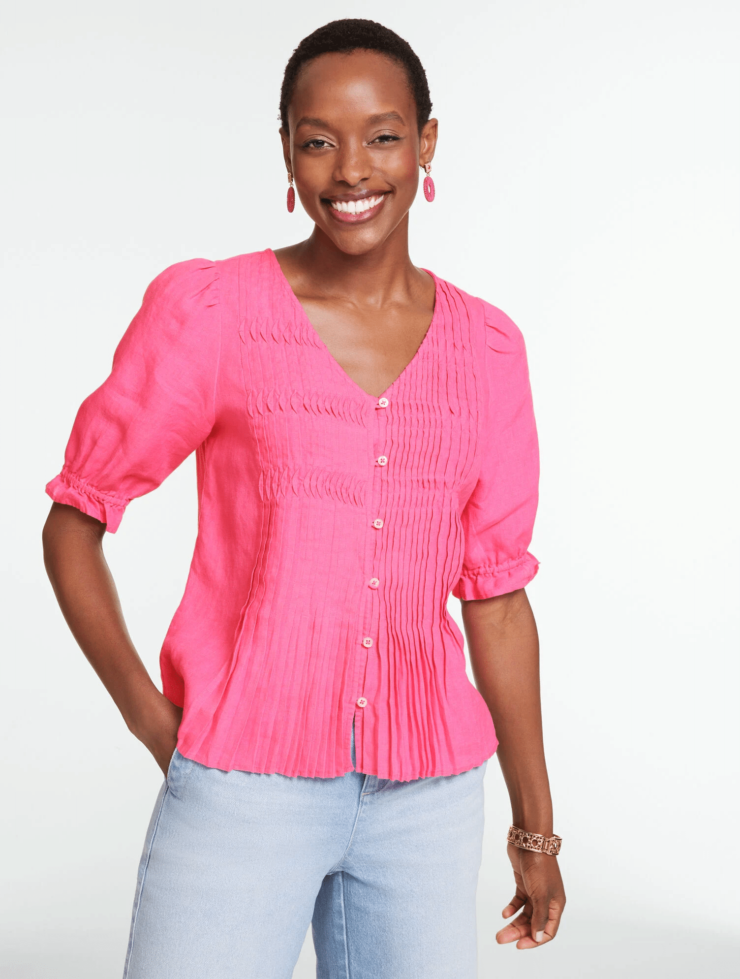 linen elbow length pink pleated top