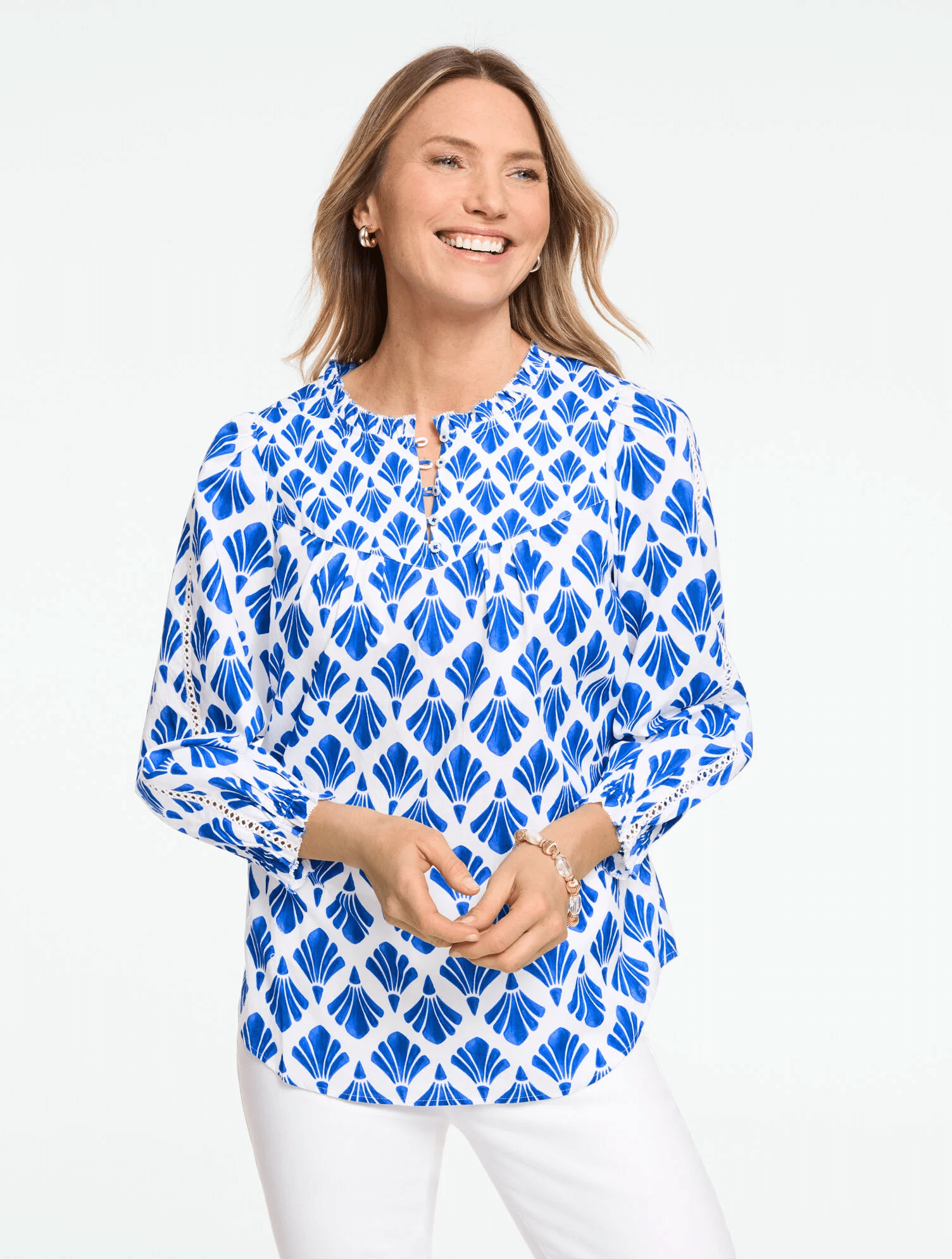 blue and white lace voile top