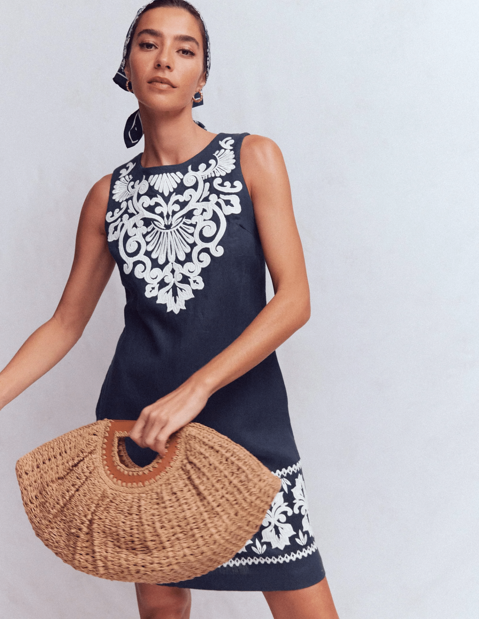 Boden Linen Shift Dress Navy Embroidery