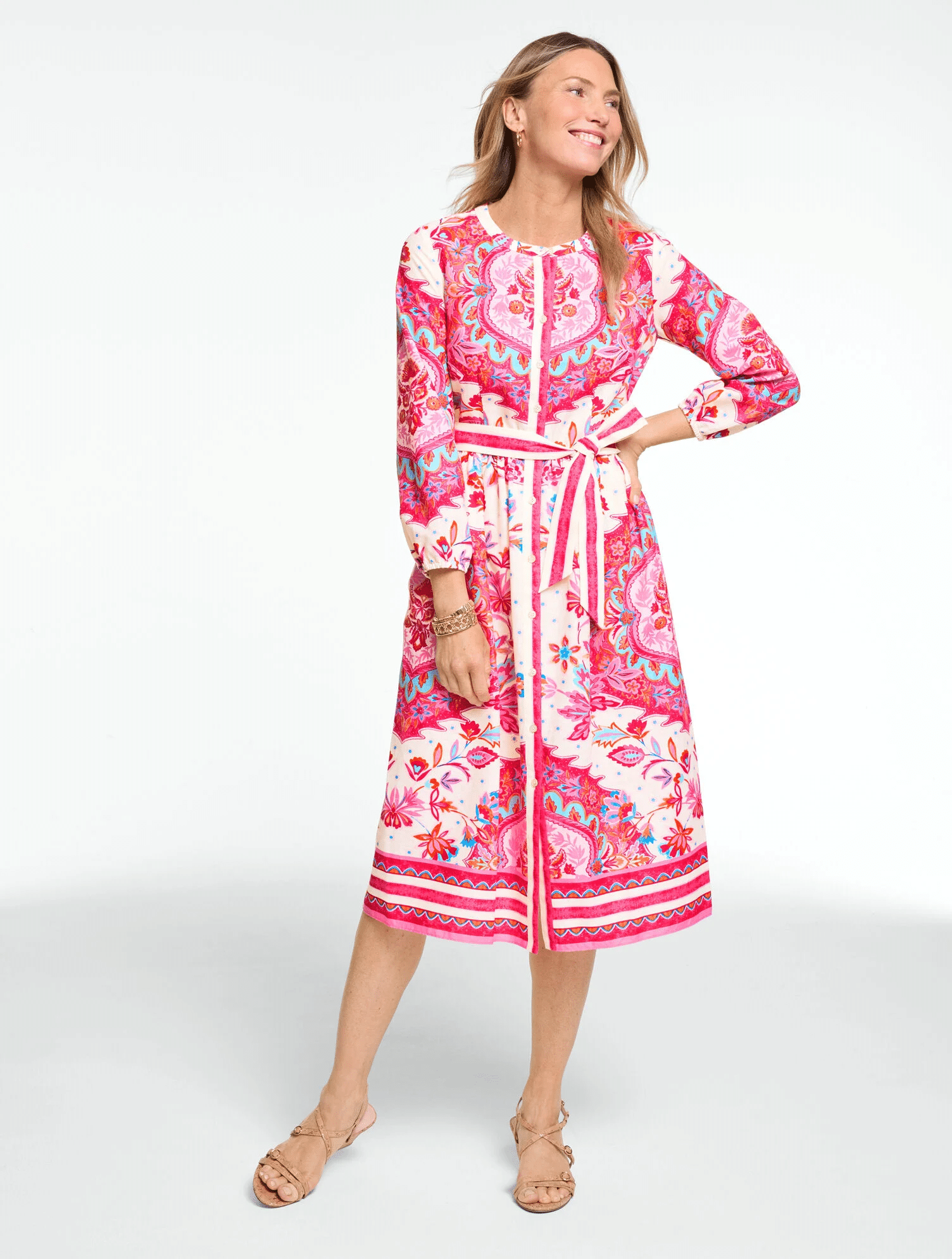 bold print linen shirtdress in pink and blue