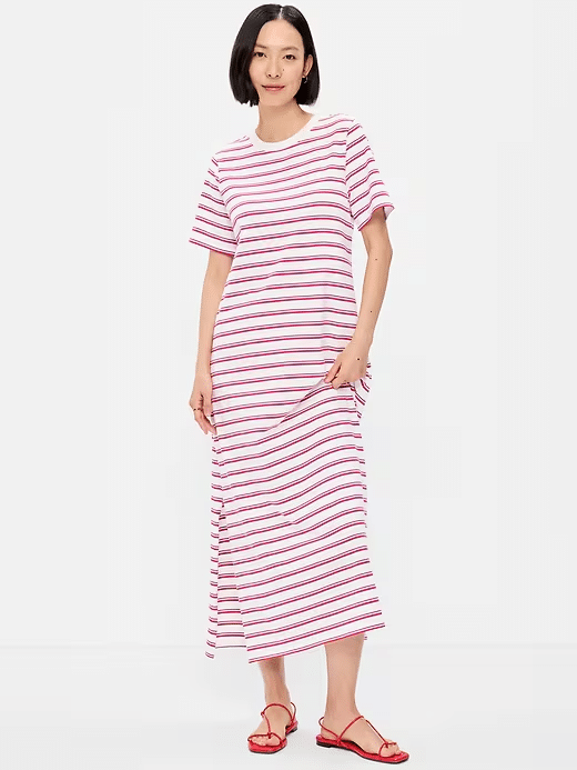 red, white, blue striped maxi dress