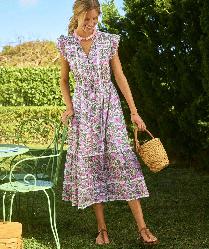 Floral pink and green midi dress