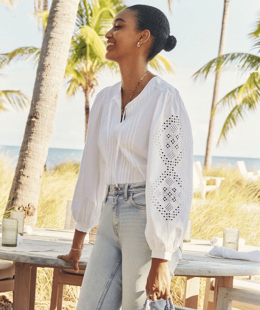 nora pintuck eyelet top with long sleeves in white