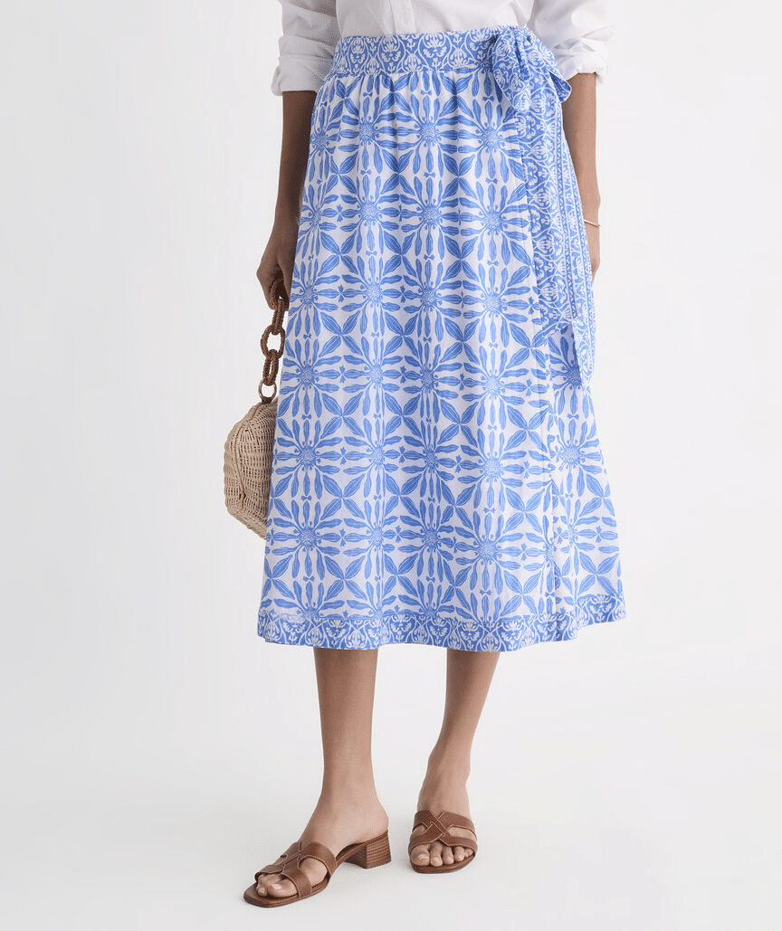 blue and white wrap skirt
