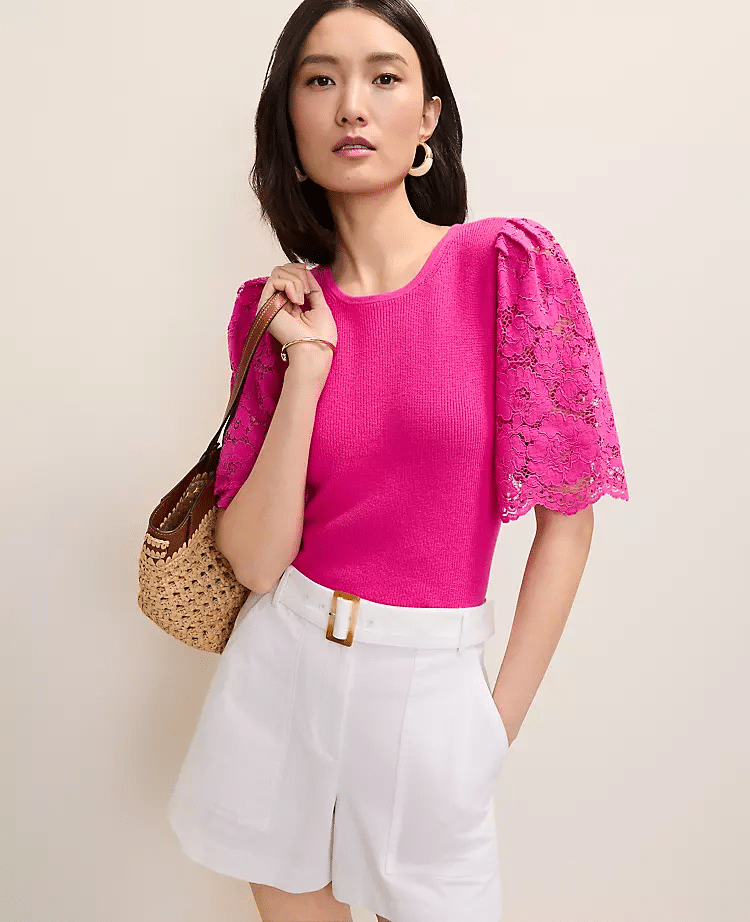 hot pink sweater with lace sleeves