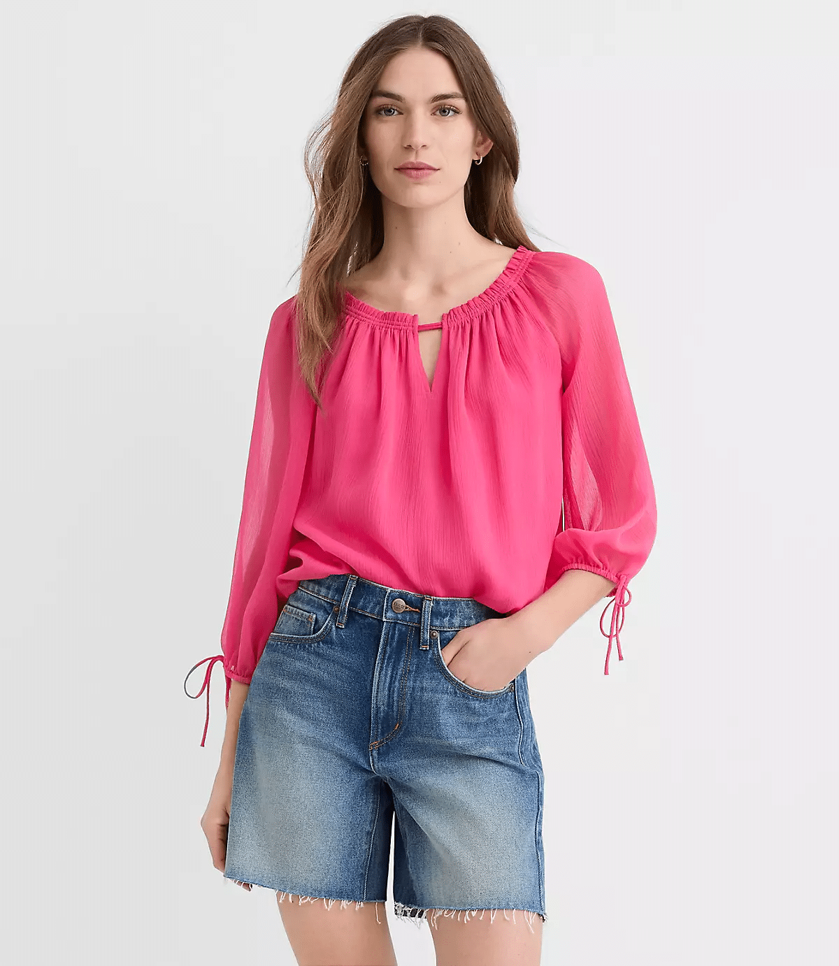 hot pink top with tie sleeves