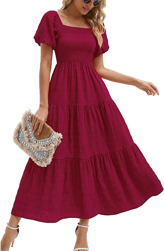 puff sleeve dress with layers in burgundy