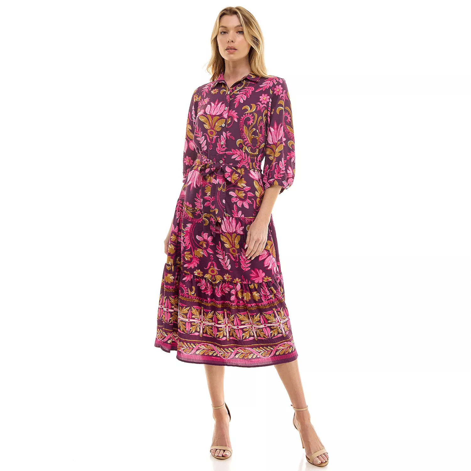 floral button dress in pinks and purples
