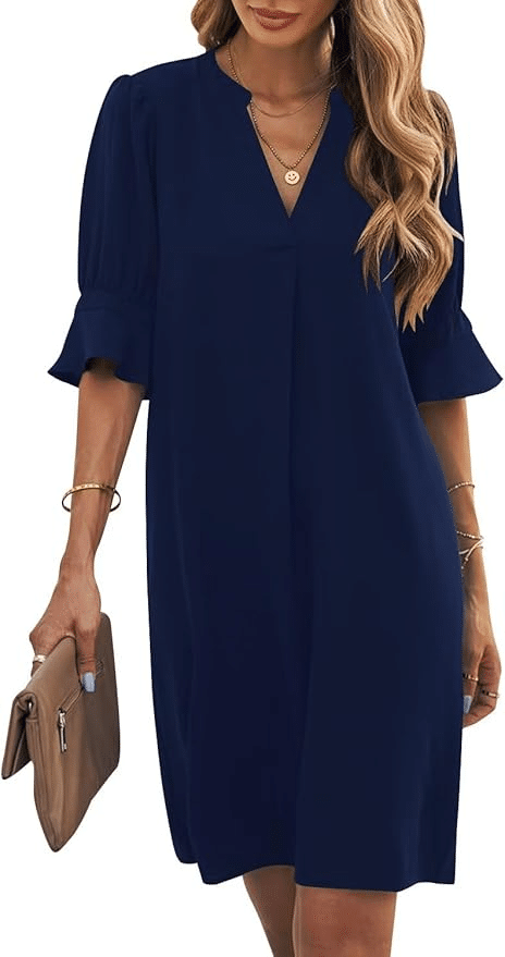 navy shift dress with short sleeves.