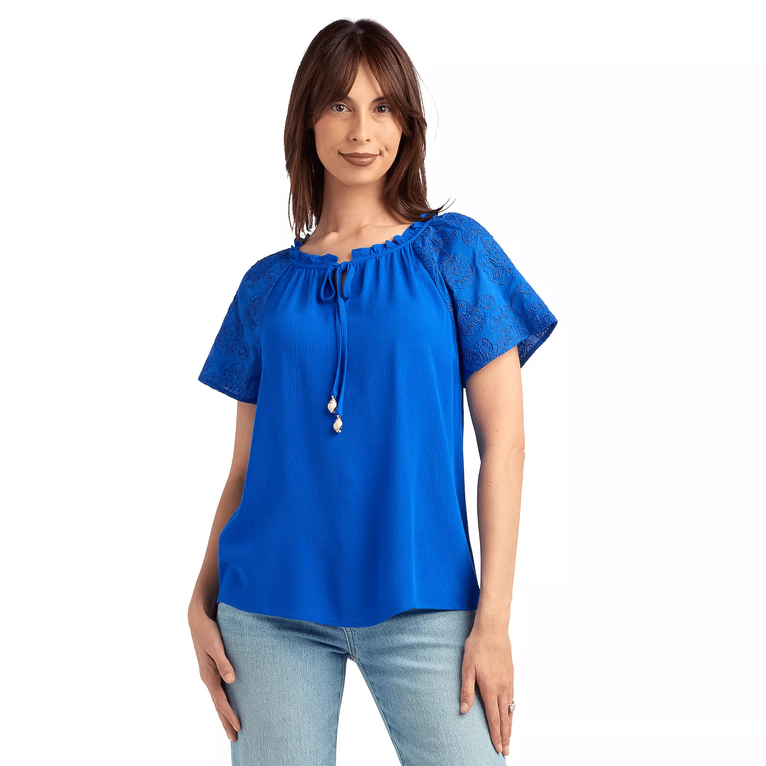 Royal blue ruffle detail top.
