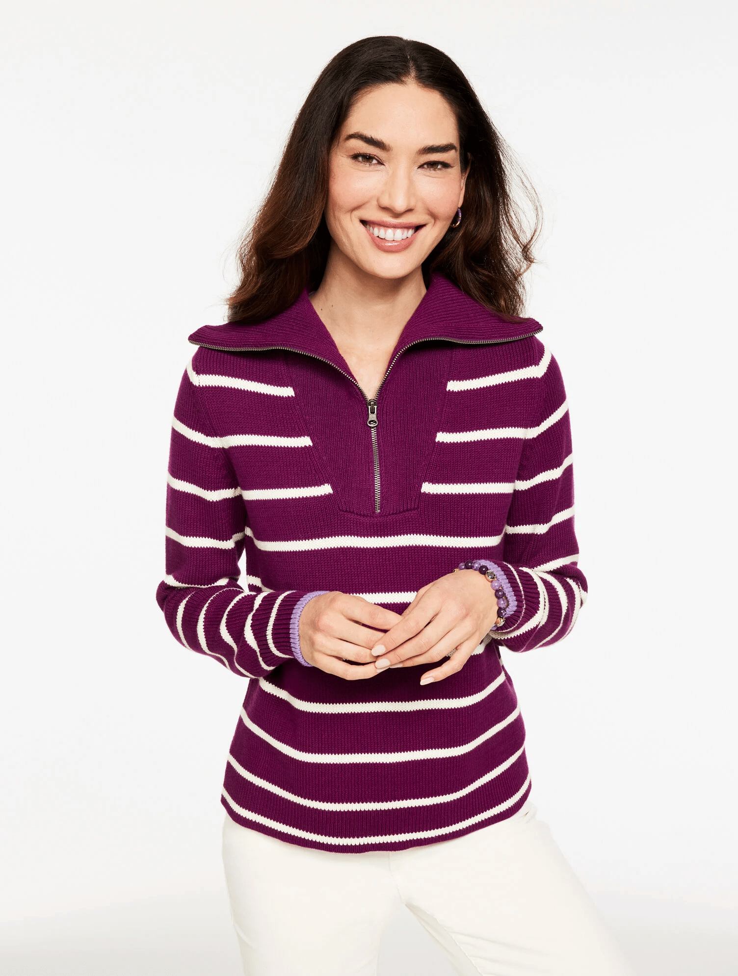 Wine and white striped sweater half zip.