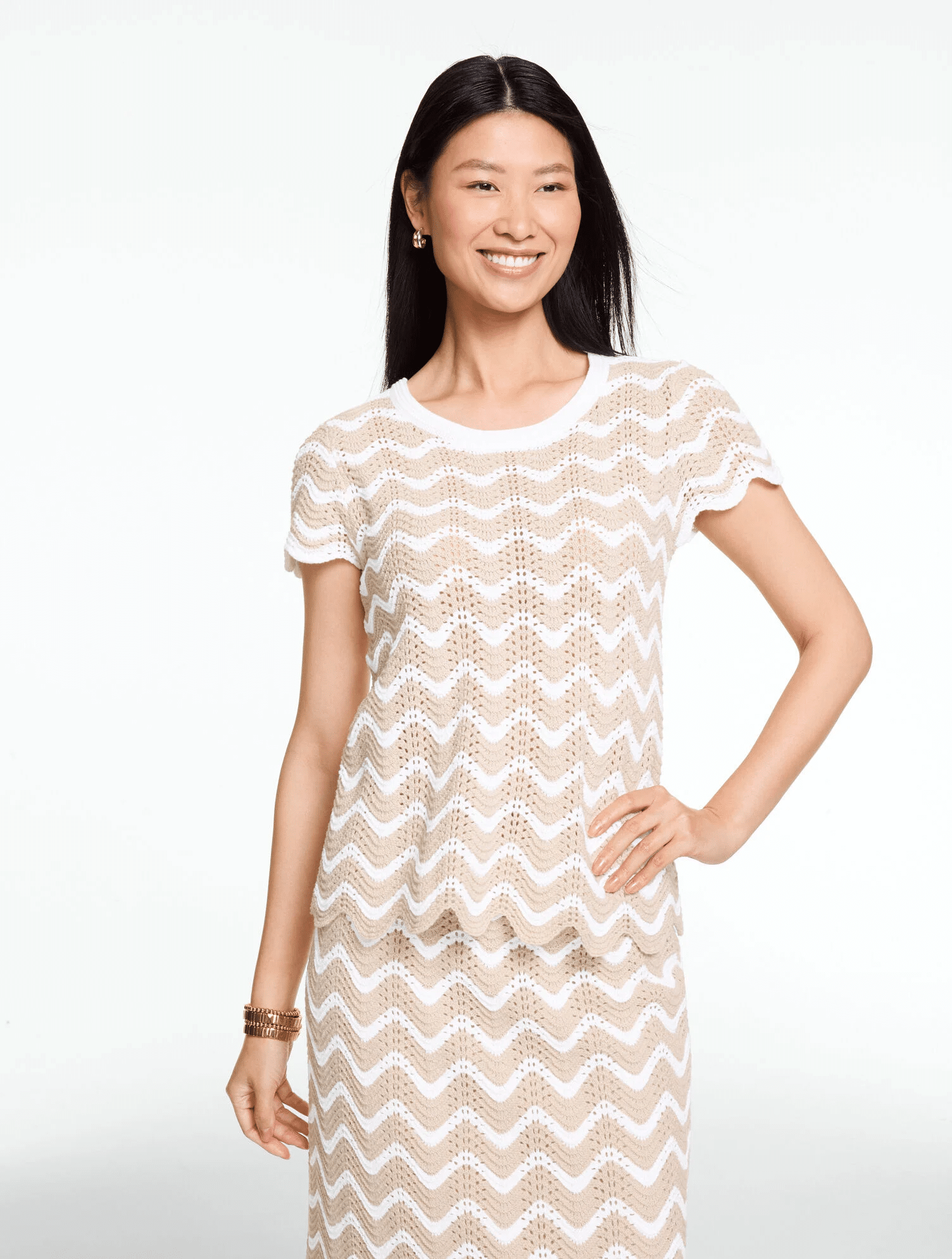 striped crochet pullover in tan and white