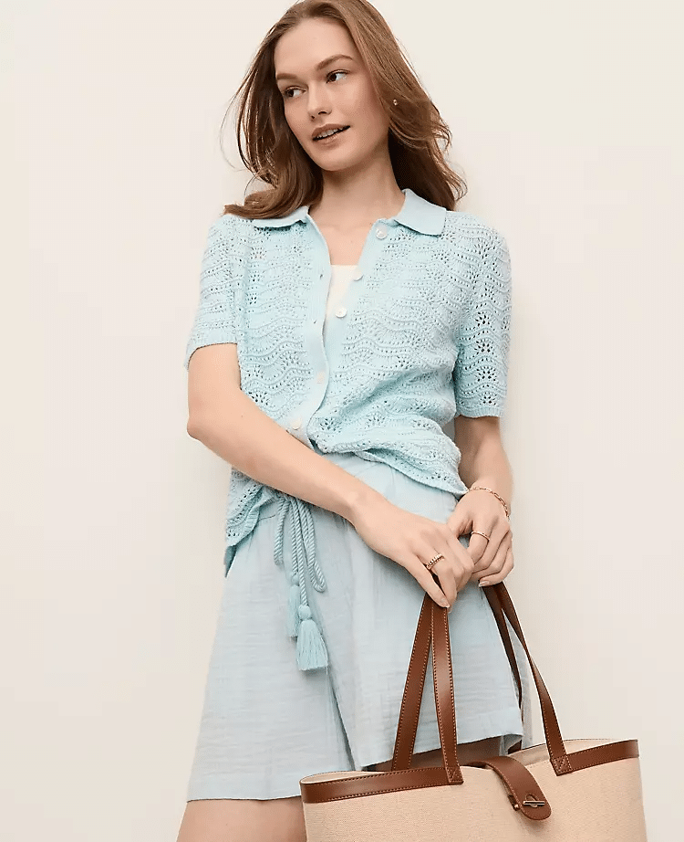pale blue pointelle short sleeve cardigan