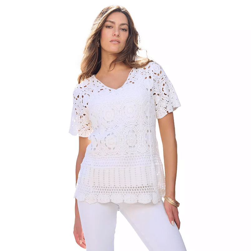 white vneck crochet top in plus size