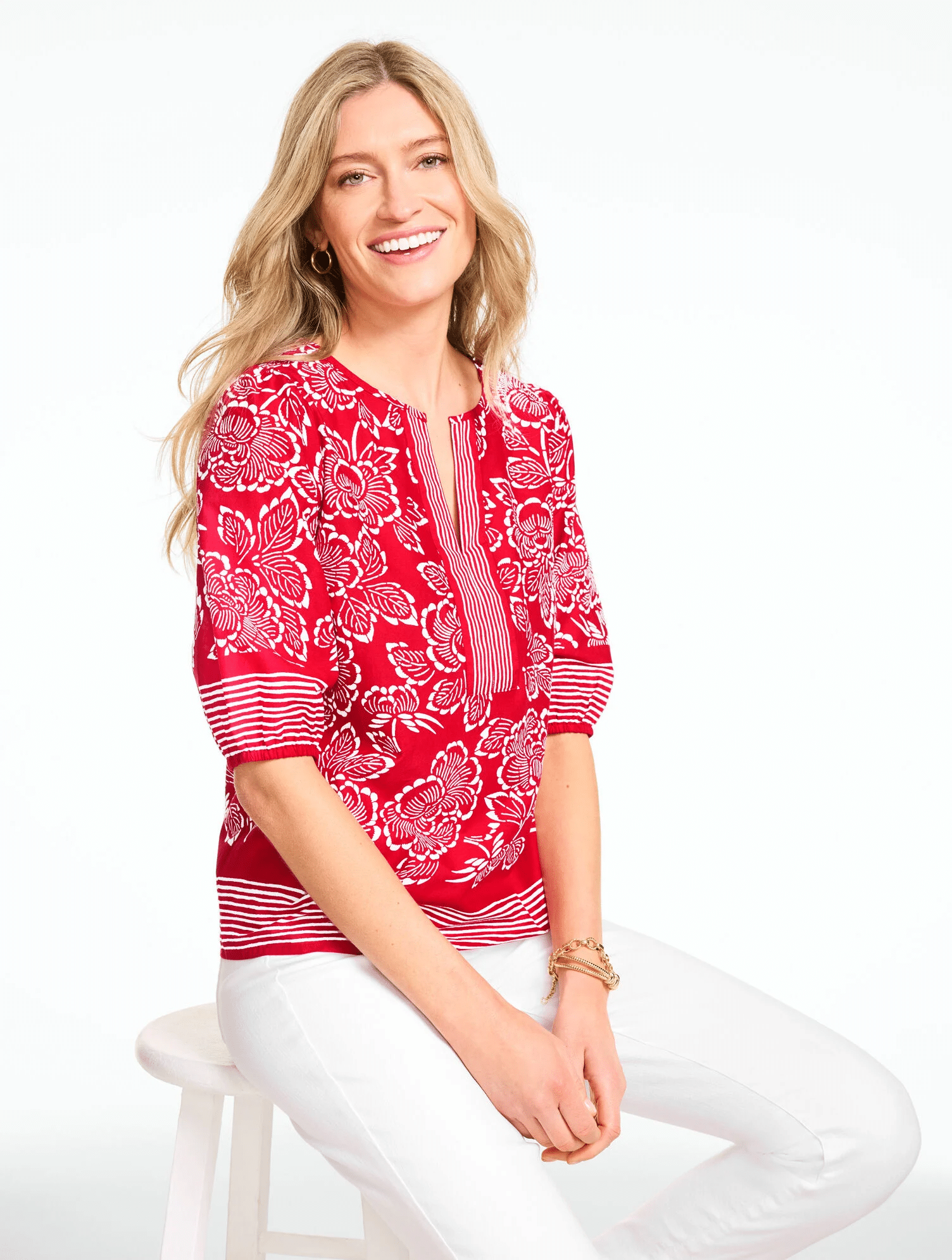 red and white elbow sleeve floral top