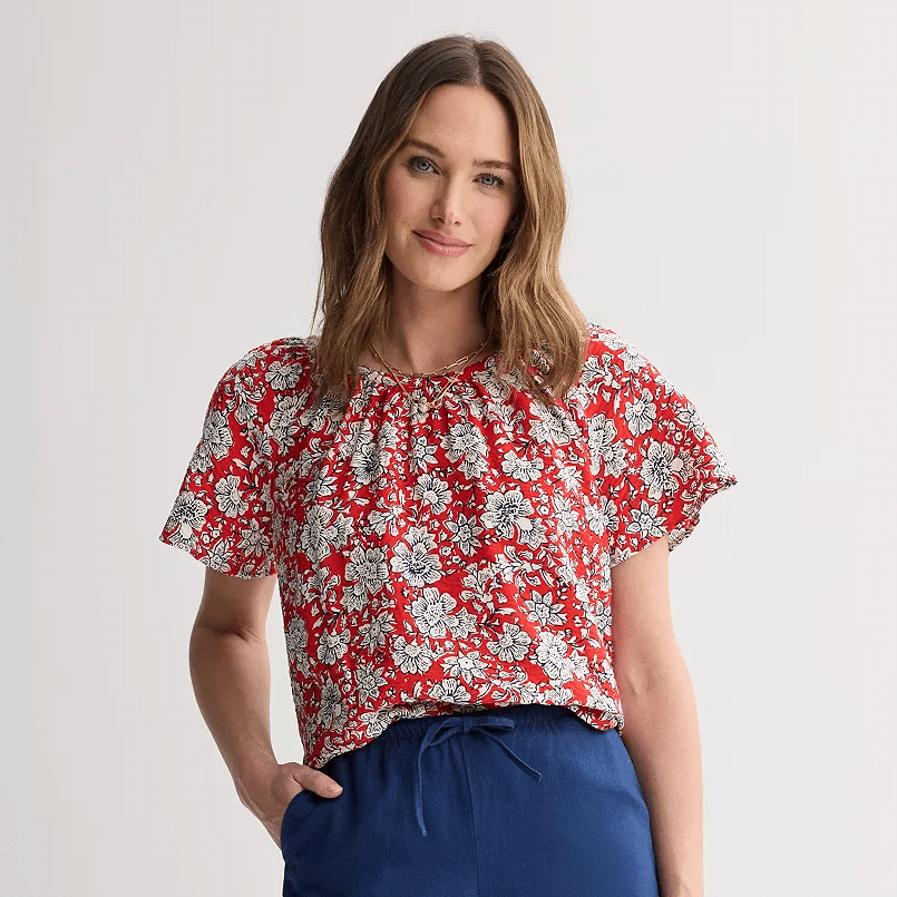 red and white flutter sleeve top