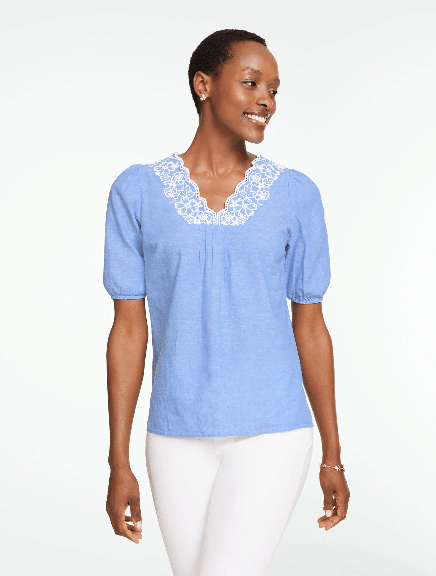 blue and white linen top