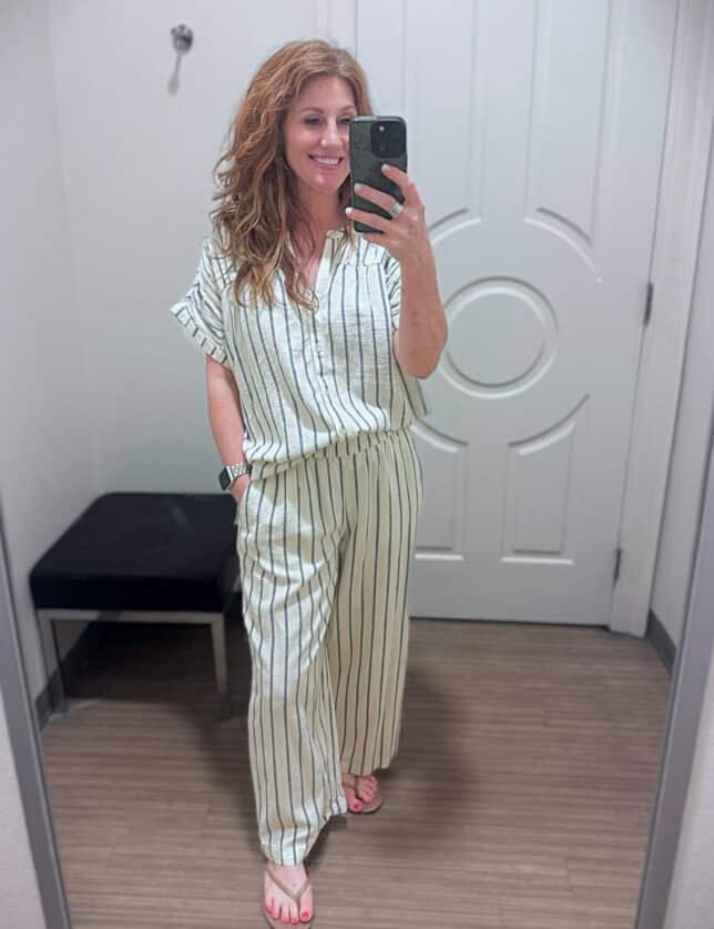 Stephanie wearing striped top and pants from Belk