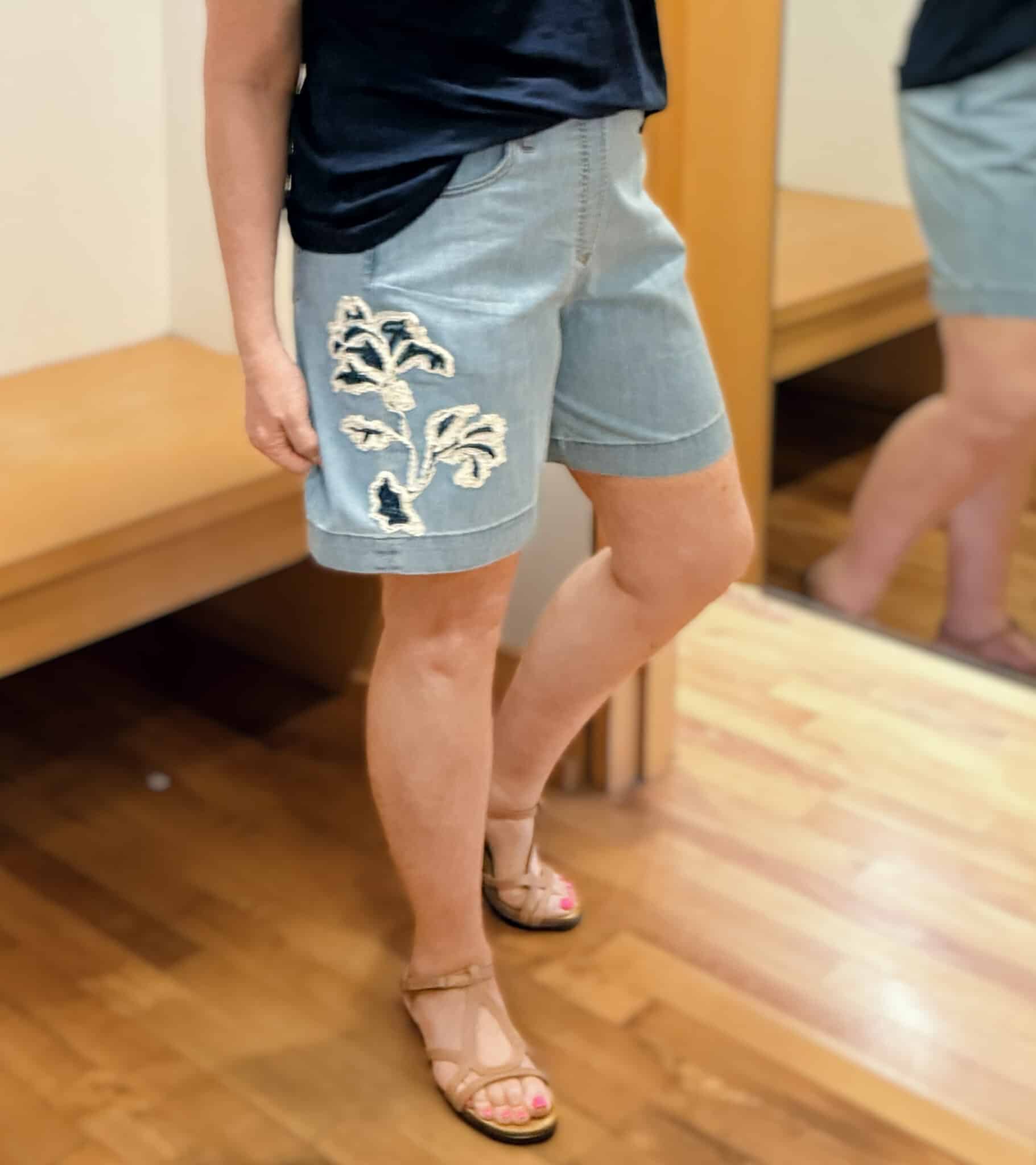 Tania wearing embroidered shorts from Chicos