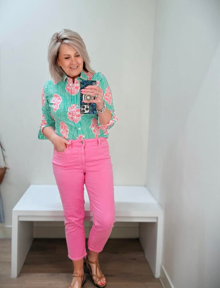 Tania wearing slim-straight pink crop jeans