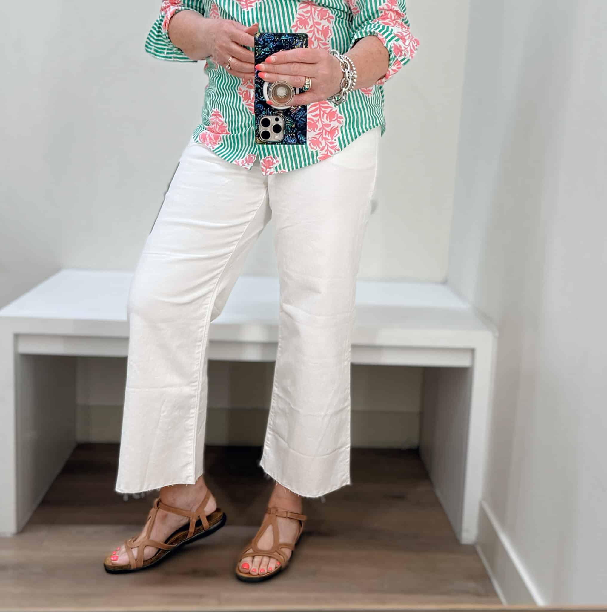 Tania wearing white crop jeans from J.Crew Factory