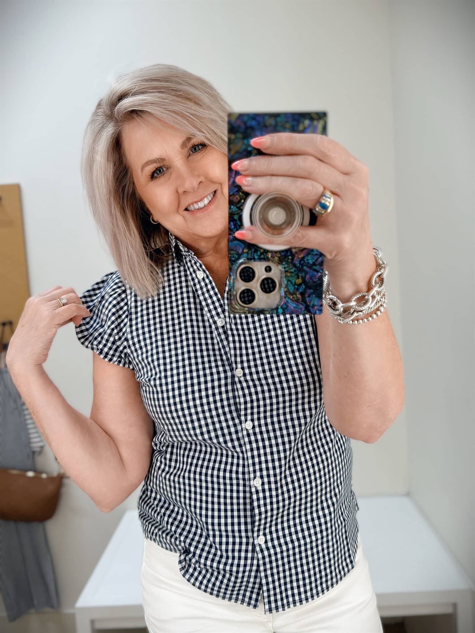 Tania wearing a gingham button shirt from J.Crew Factory