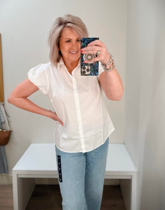 Tania wearing a white button shirt from J.Crew Factory