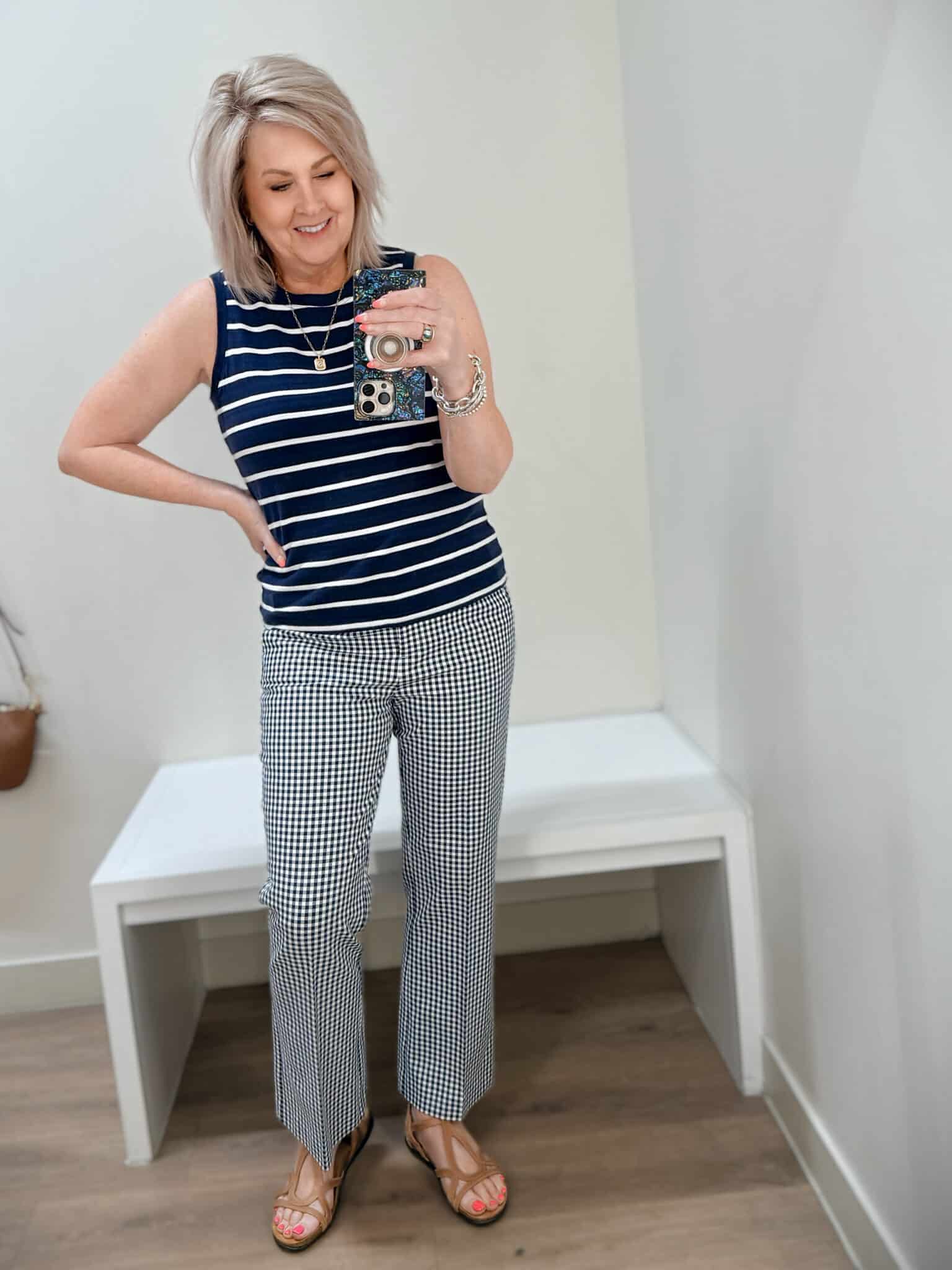 Tania wearing a striped vest and gingham crop pants from J.Crew Factory