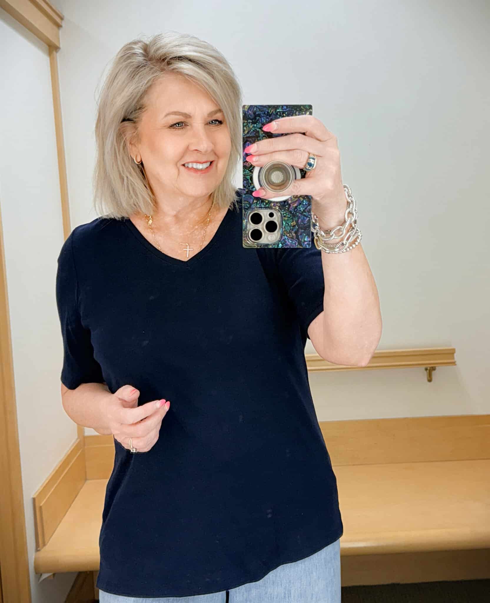 Tania wearing a navy v-neck tee from Talbots