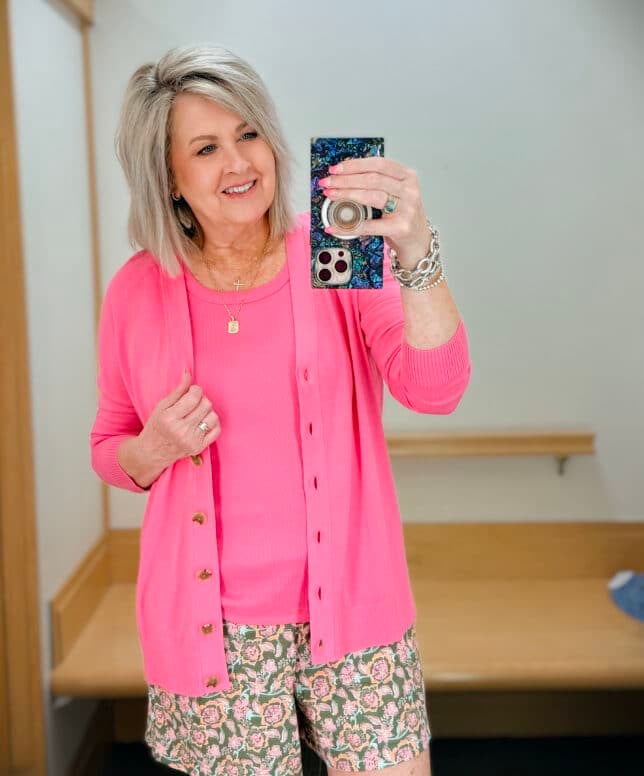 Tania wearing a pink tank and cardigan from Talbots