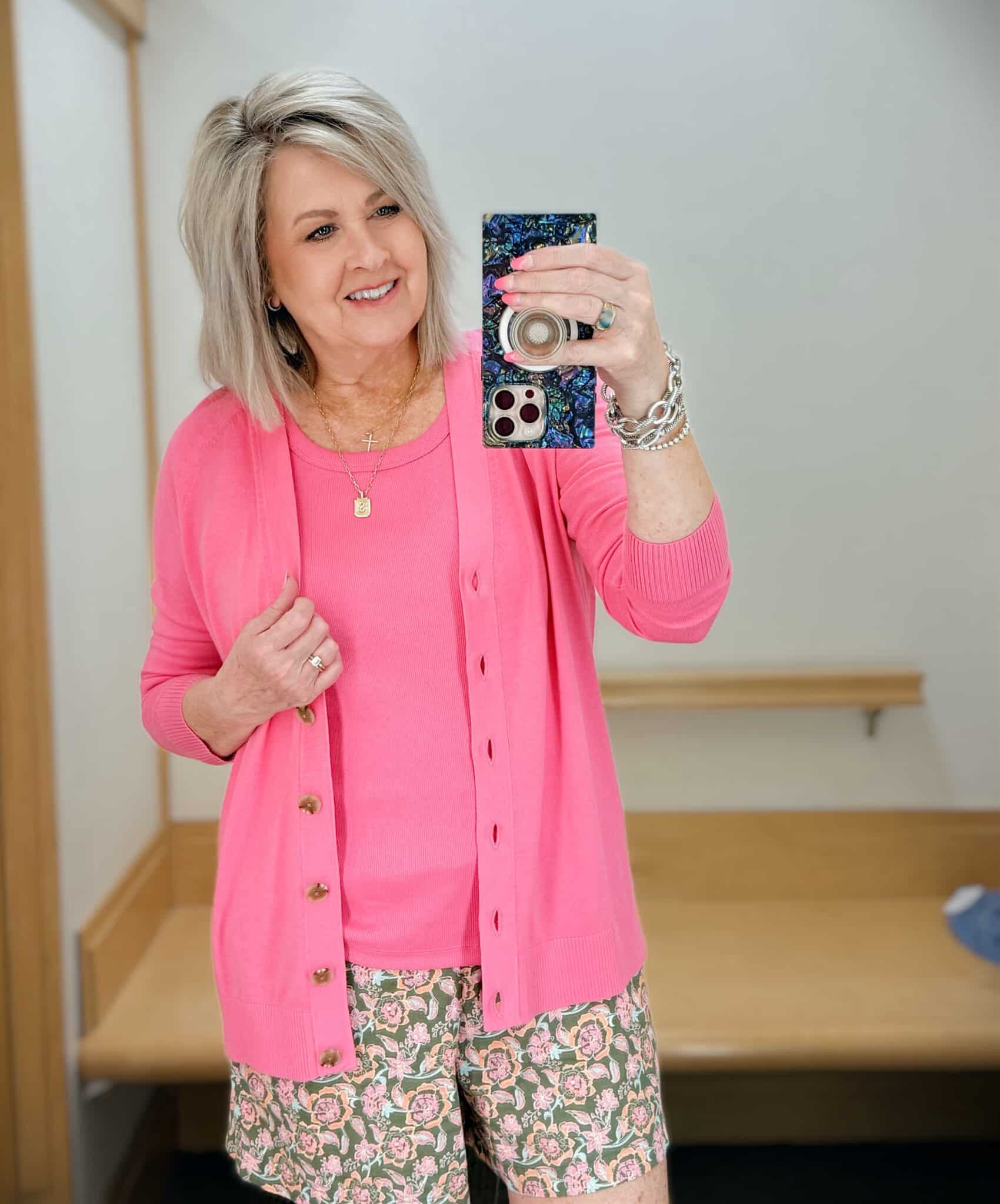 Tania wearing a pink tank and cardigan from Talbots