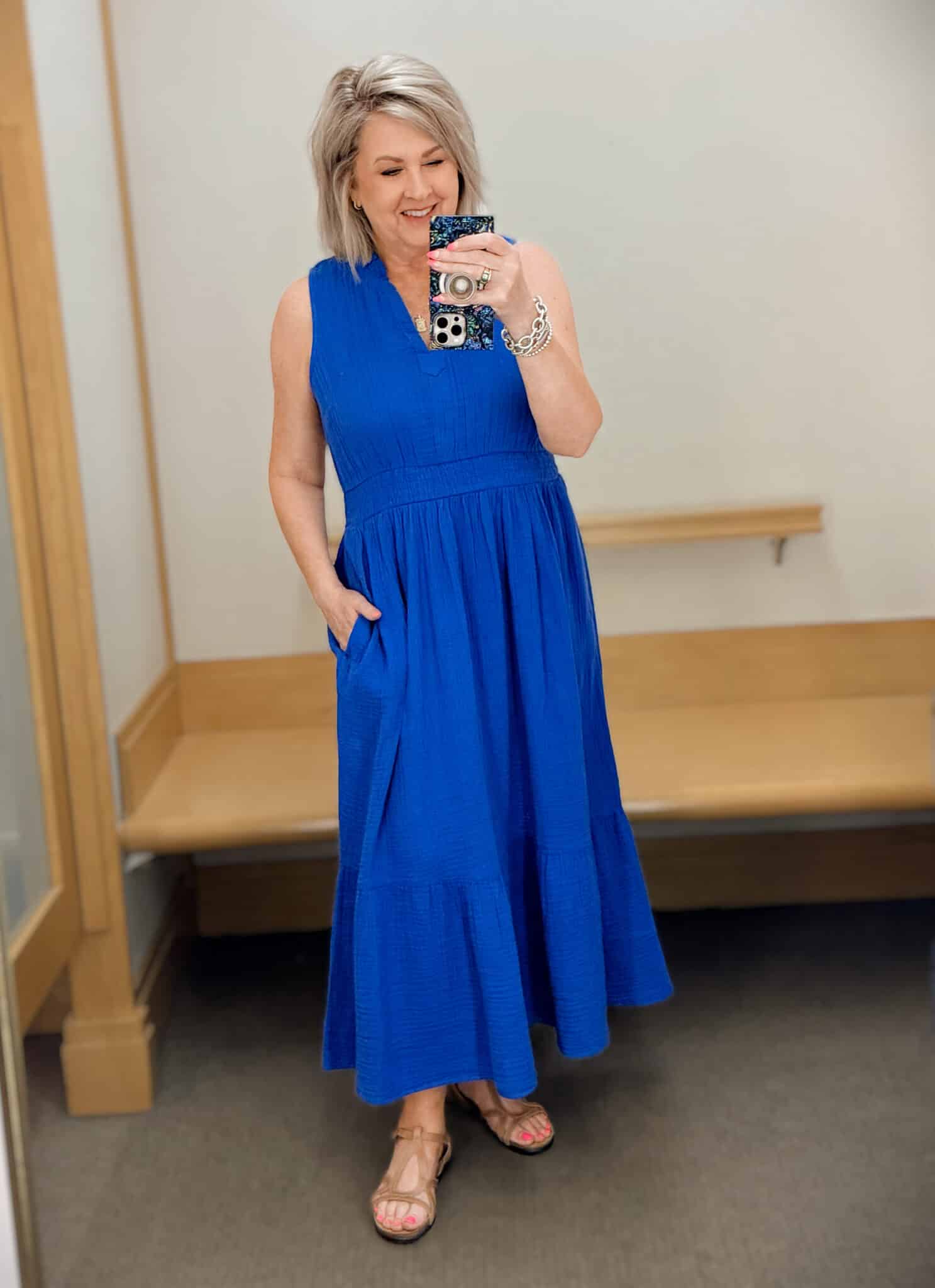 Tania wearing a cobalt blue midi dress from Talbots