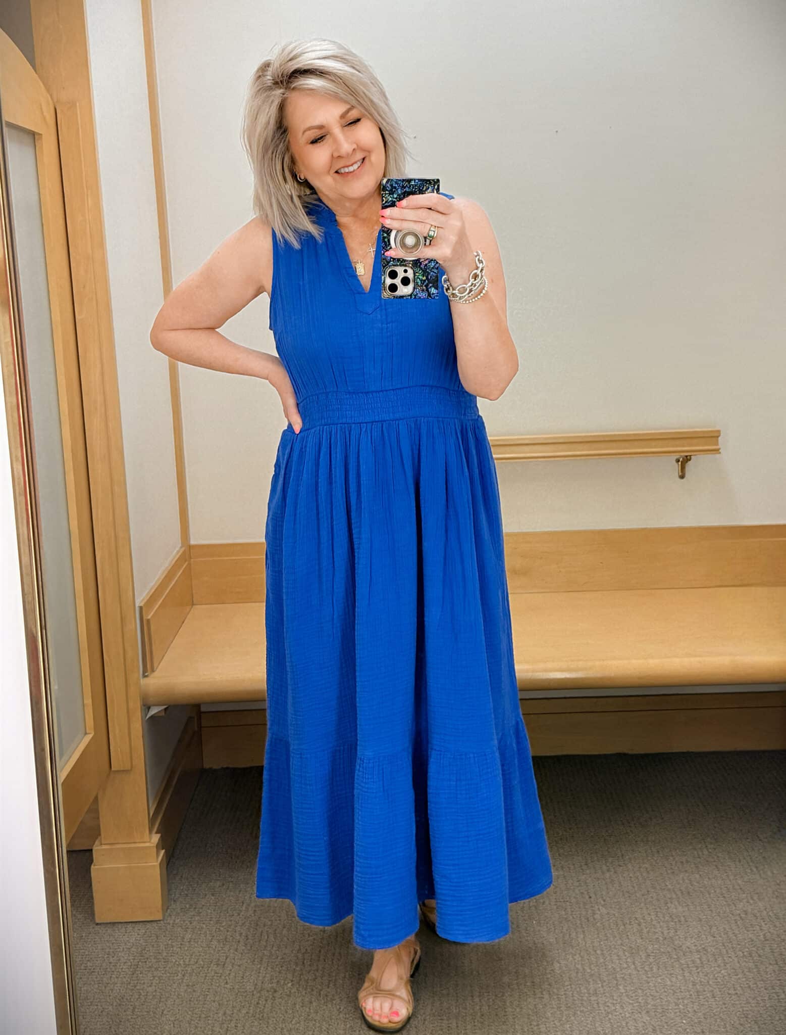 Tania wearing a cobalt blue dress from Talbots