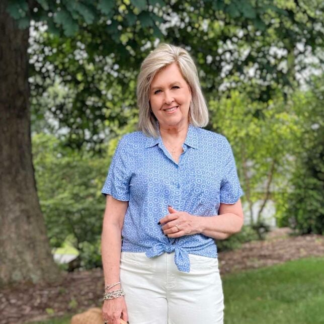 Tania is wearing a tied blue button shirt from Kohl's