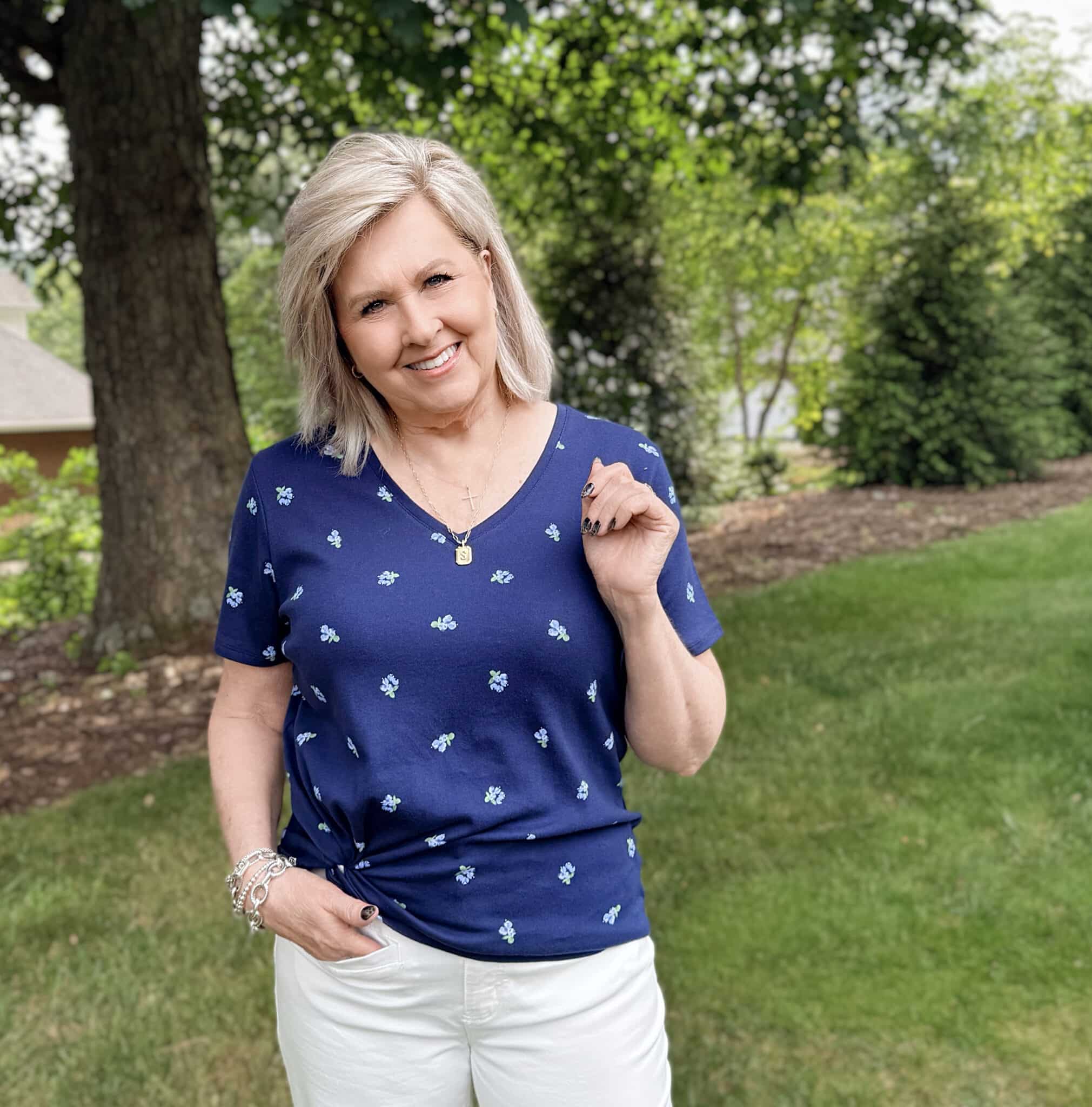Tania is wearing a floral navy tee from Kohl's
