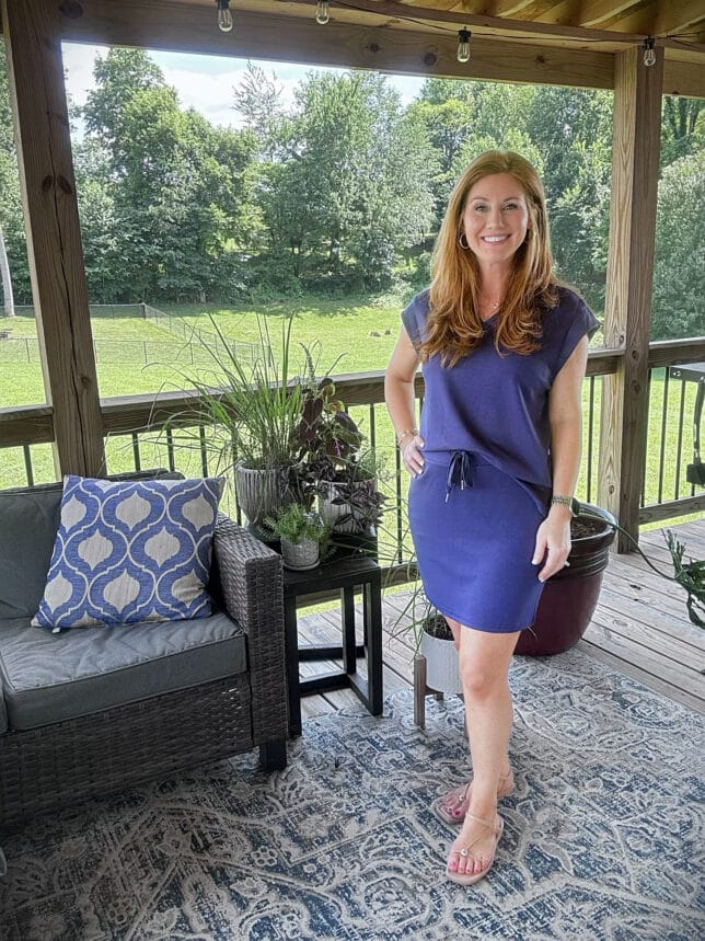 Stephanie wearing a side tie dress from Amazon