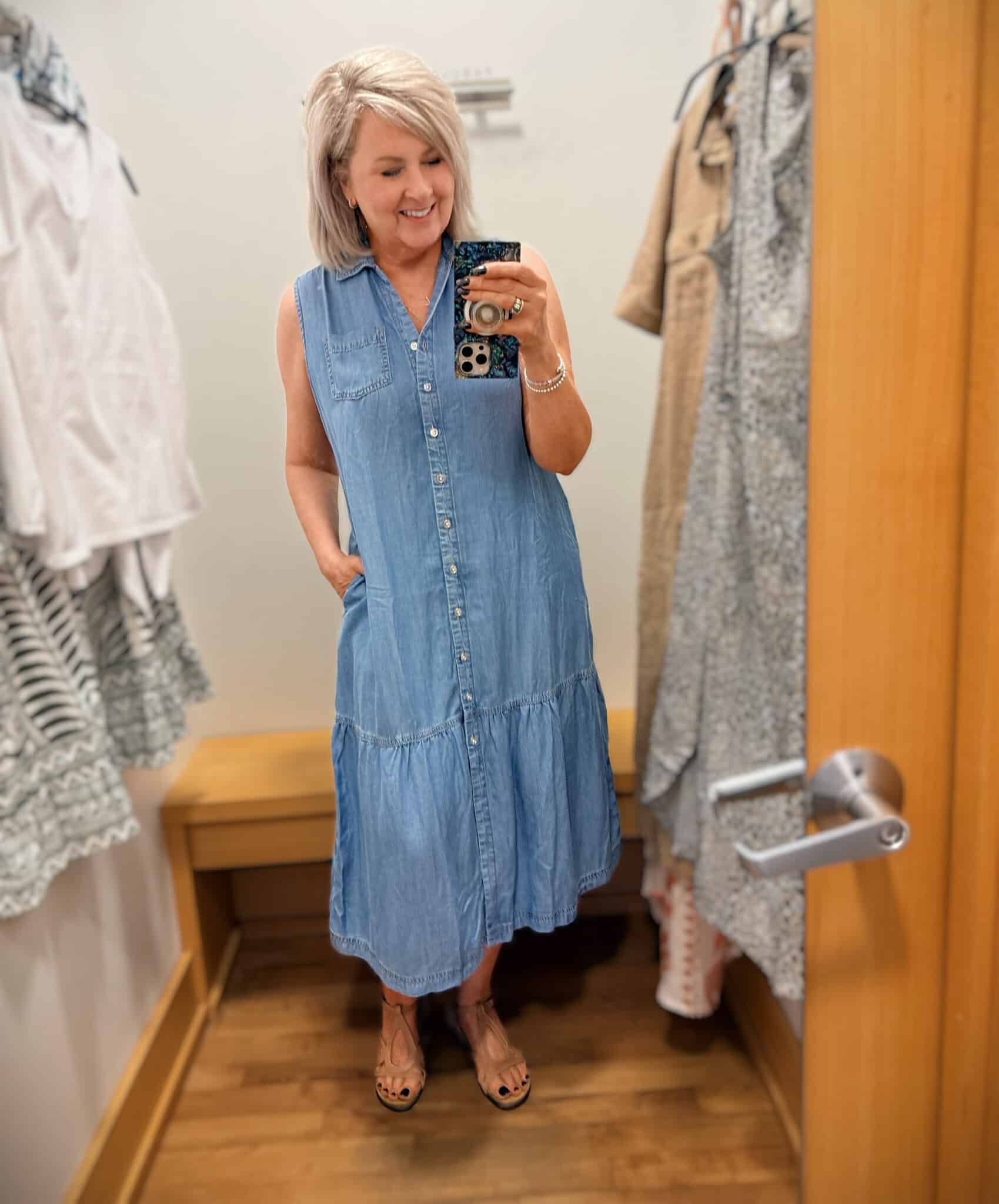 Tania wearing a chambray shirtdress from Chico's