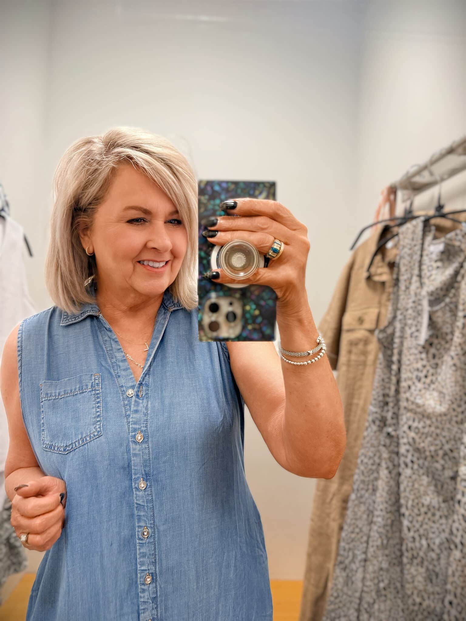 Tania showing the closeup of a chambray shirtdress from Chico's