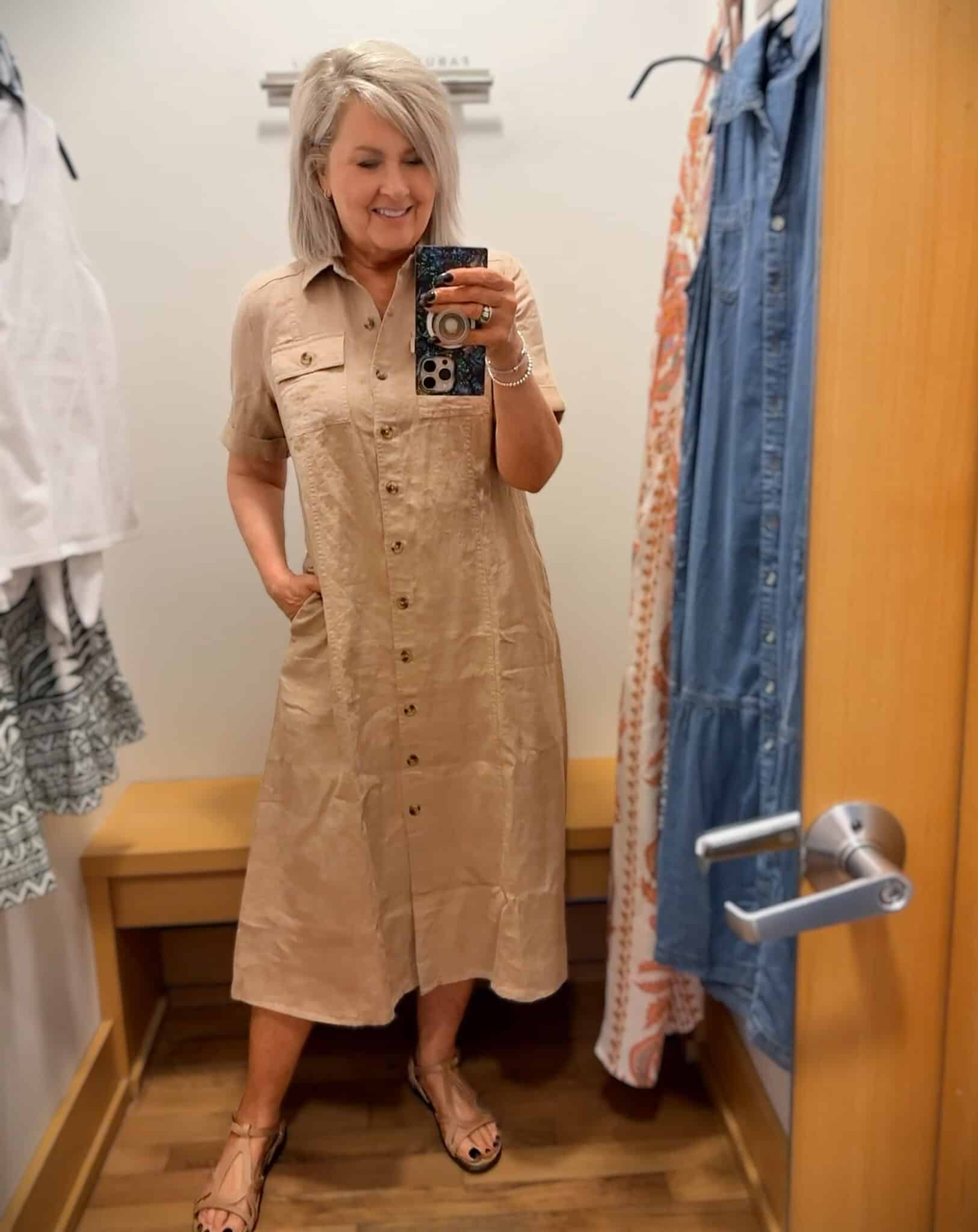 Tania wearing a brown linen shirtdress from Chico's