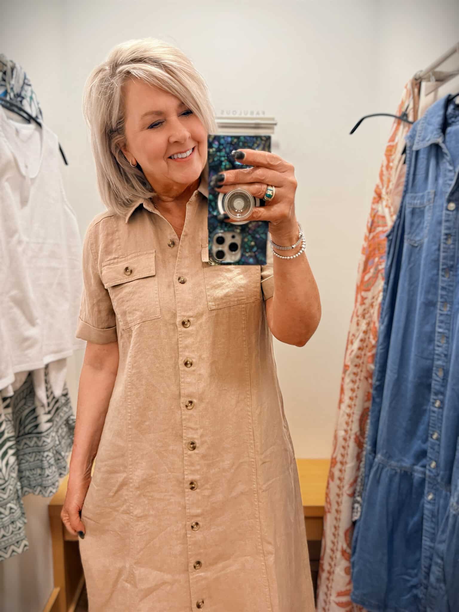 Tania wearing a brown linen shirtdress with gorgeous buttons from Chico's