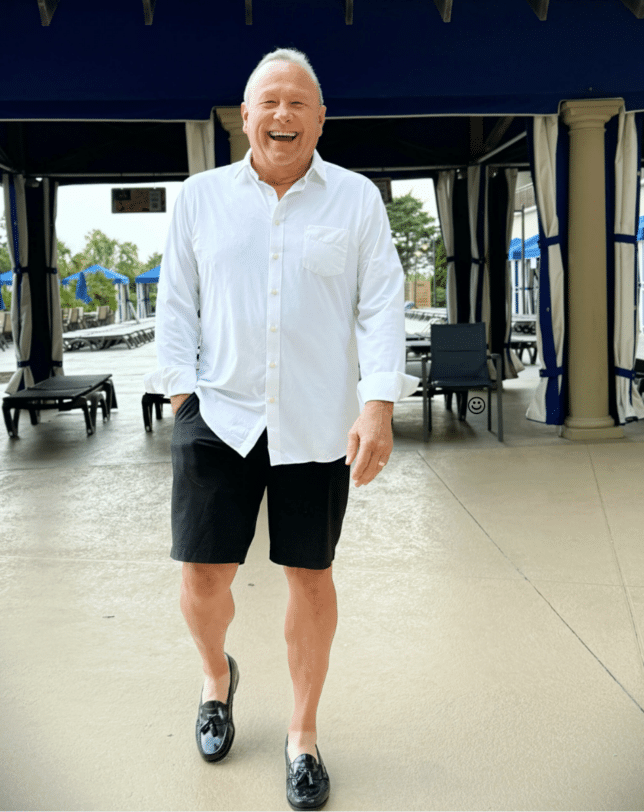 Man in white wrinkle-free button-down shirt with loafers and shorts, polished summer outfit for older men