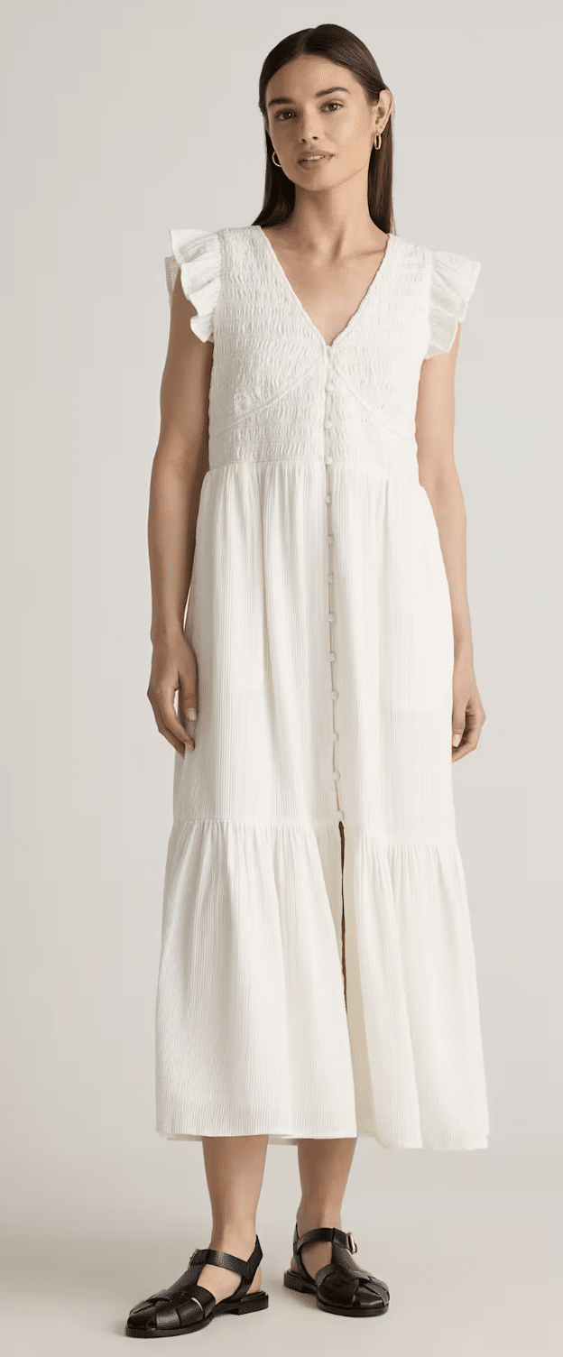 quince organic textured cotton v-neck midi dress