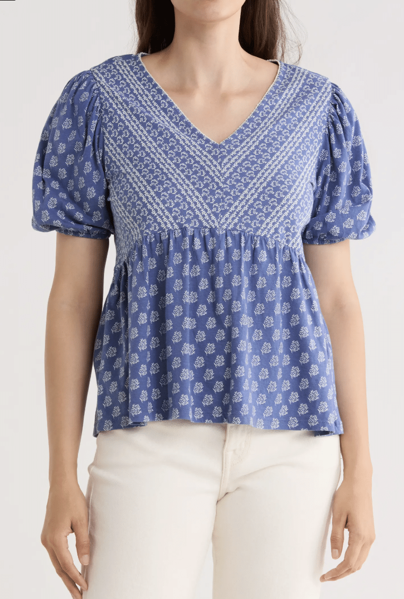 lucky brand mixed print puff sleeve cotton babydoll top