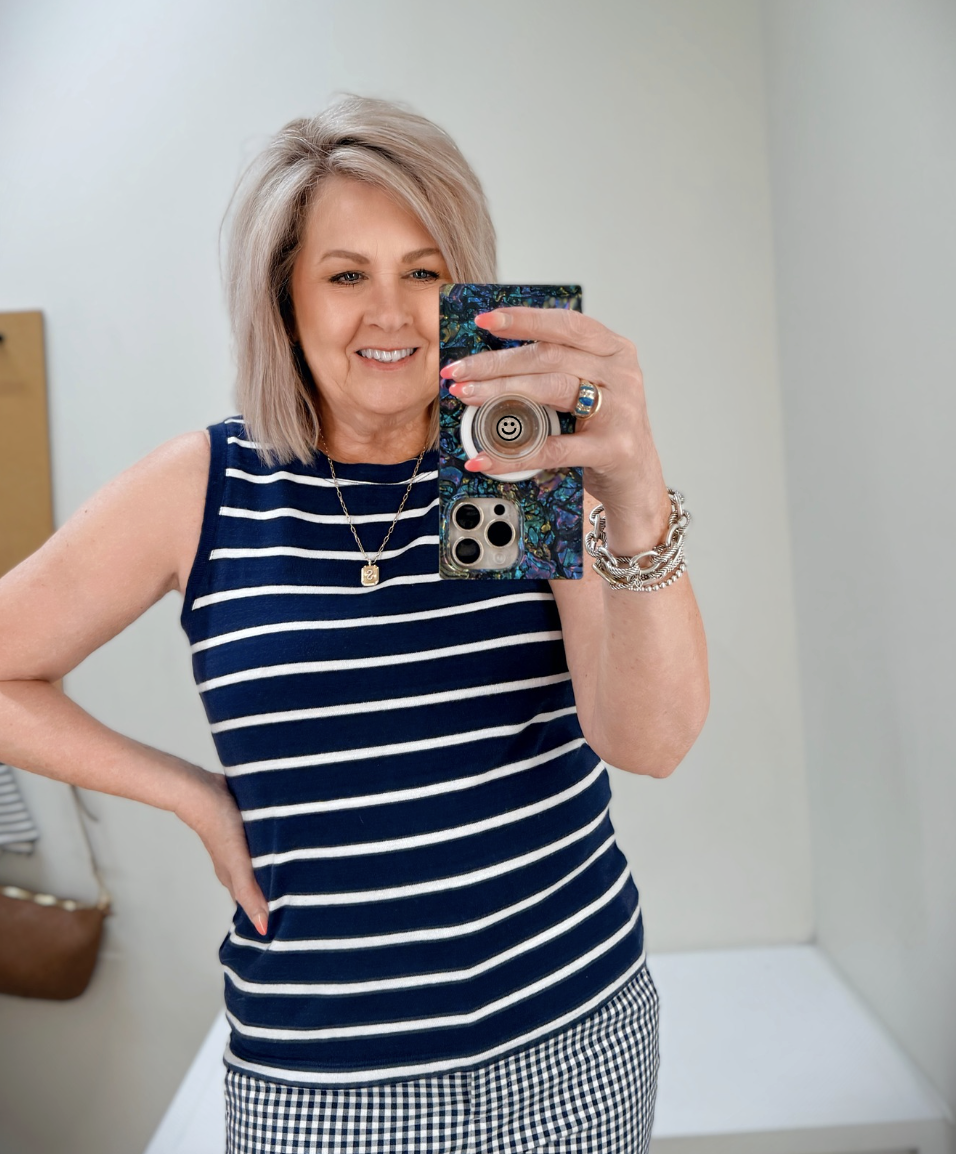 Tania wearing a striped vest from J.Crew Factory