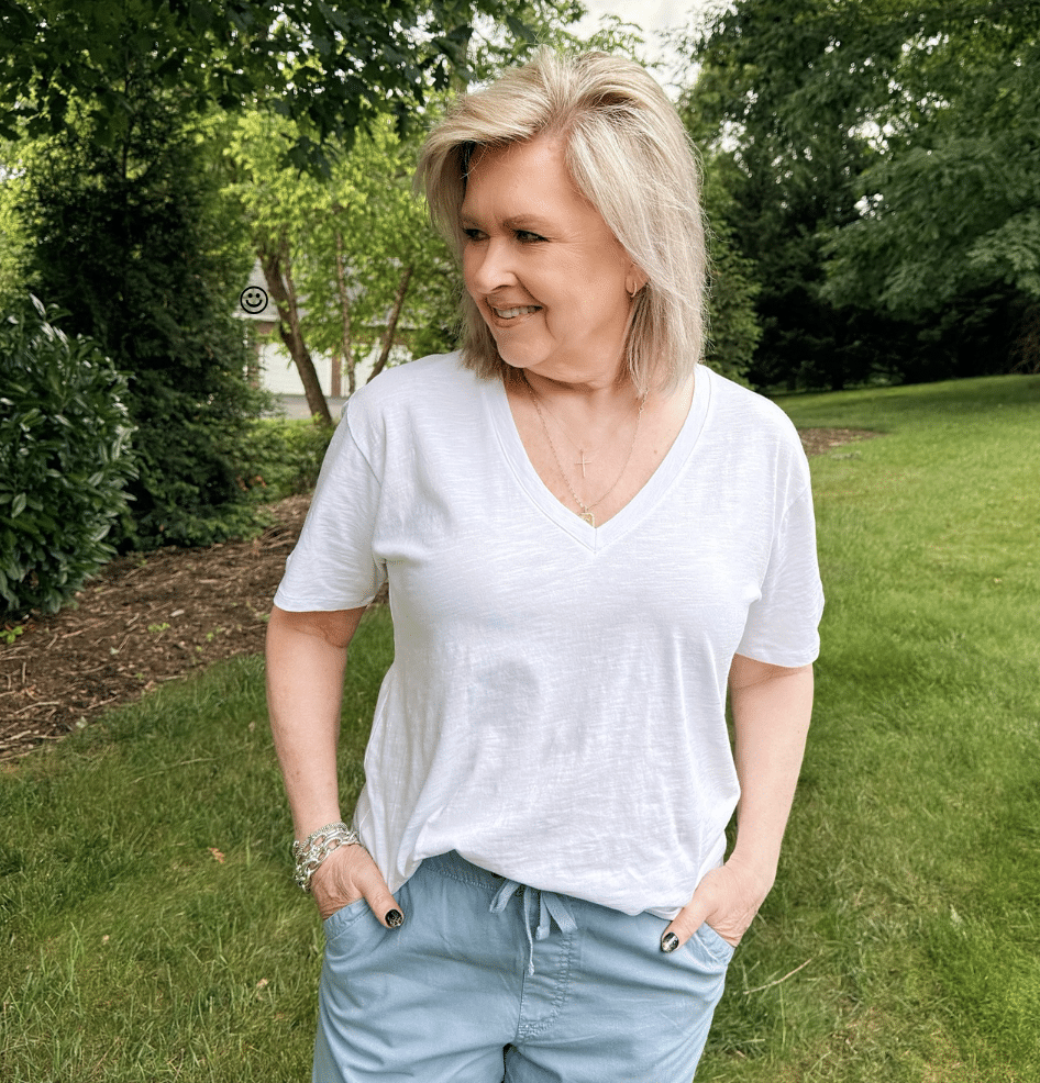 Tania is wearing a white V-neck tee from Kohl's