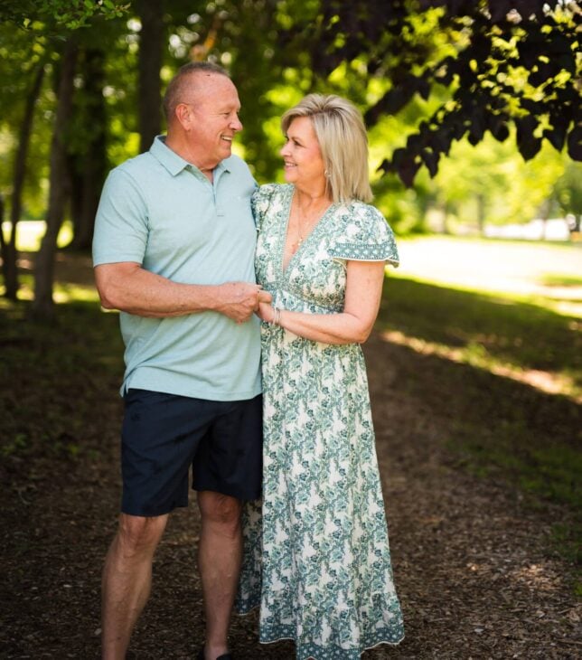 Joe and Tania in shades of green and blue