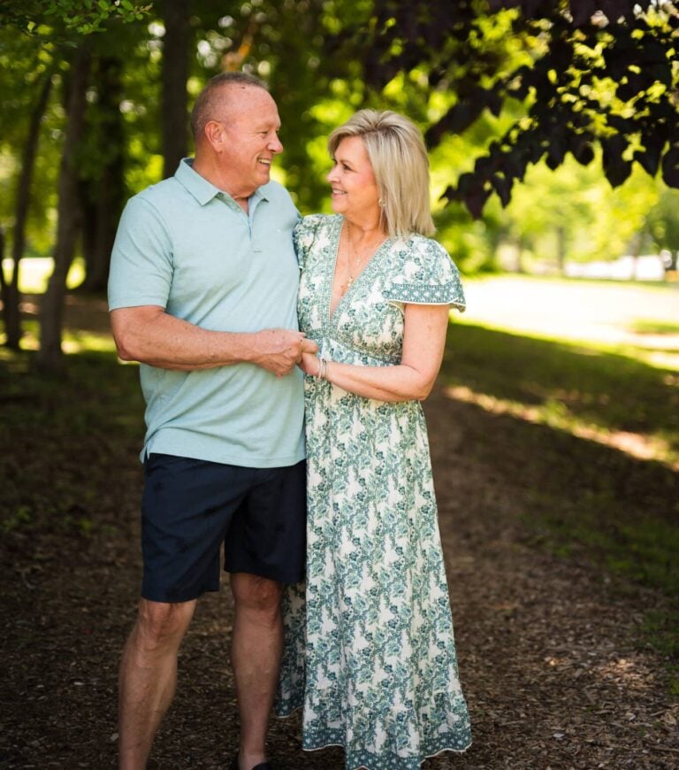 Joe and Tania in shades of green and blue