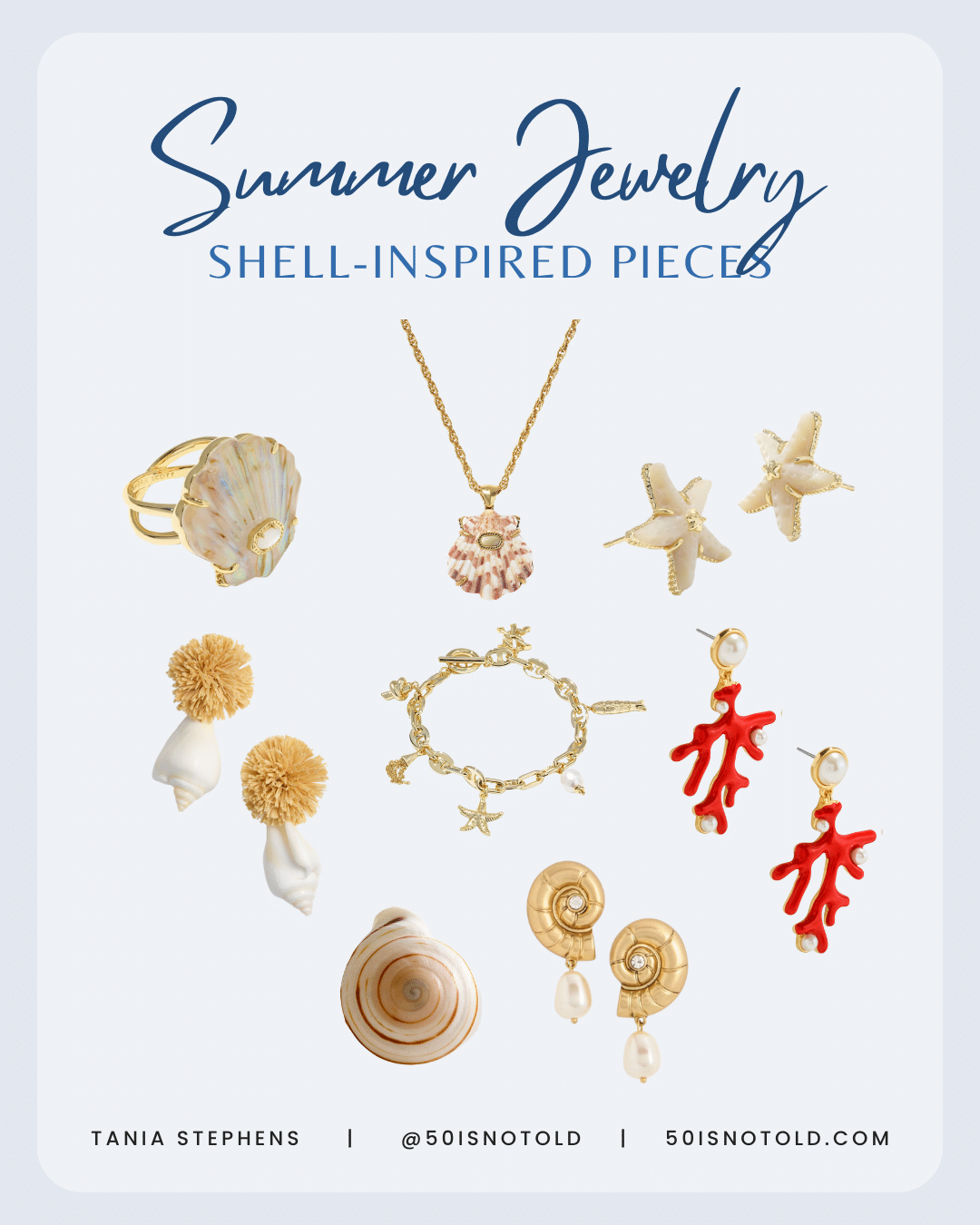 Collage of Shell Inspired Jewelry to wear this summer for women over 50