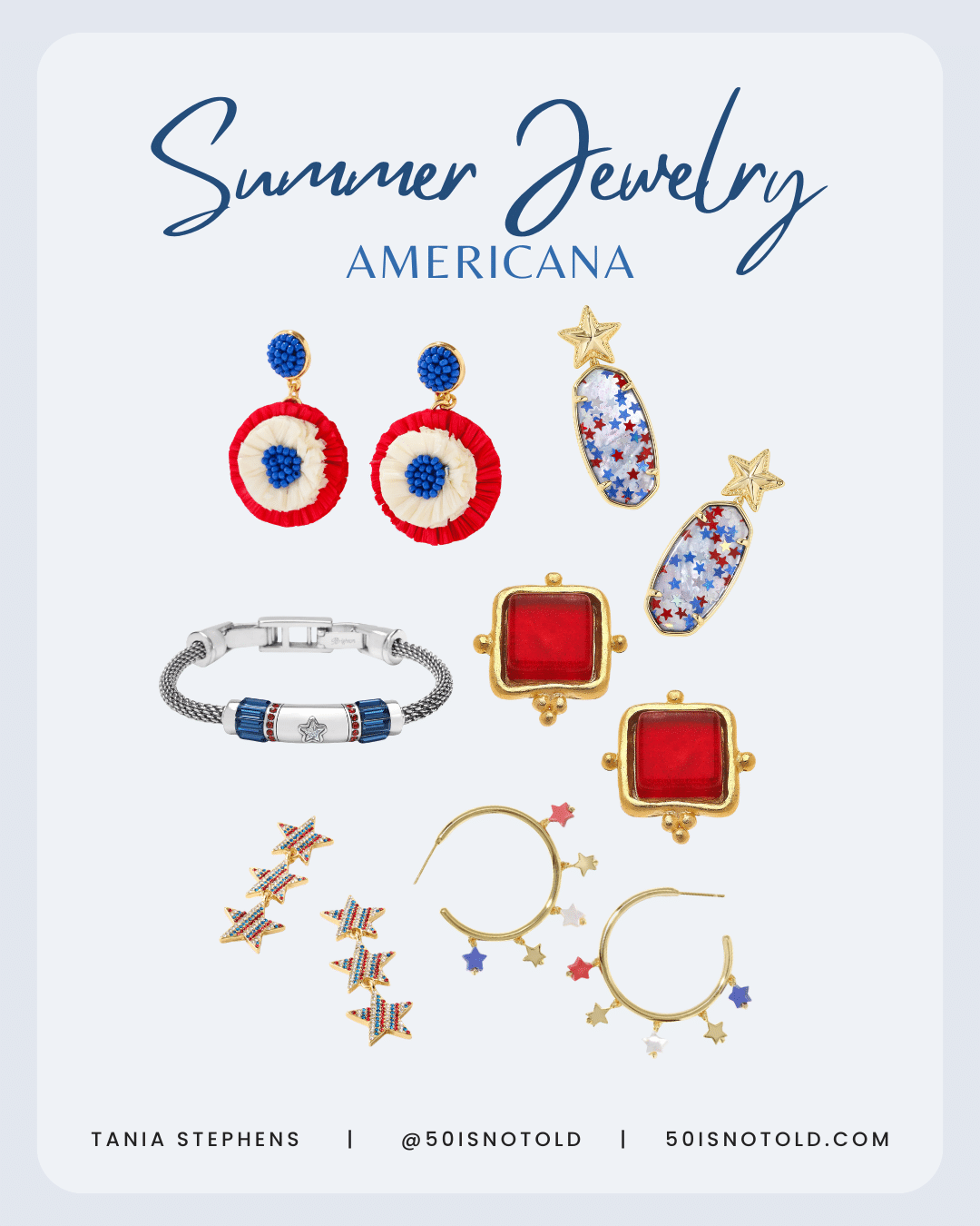 A Collage of red white and blue americana themed jewelry to wear this summer for women over 50.