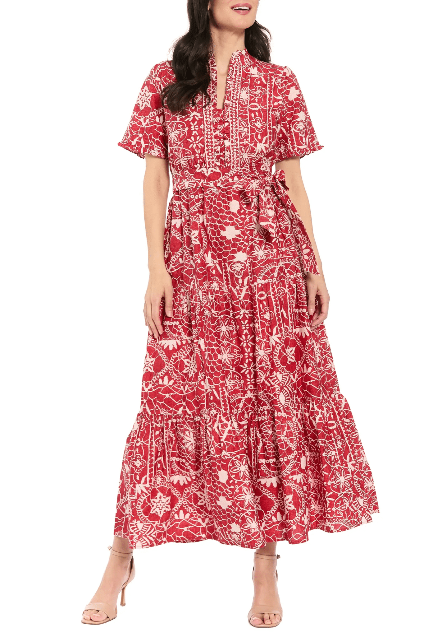 Red & white printed London Times Ruffle Tiered Tie-Waist Maxi Dress
